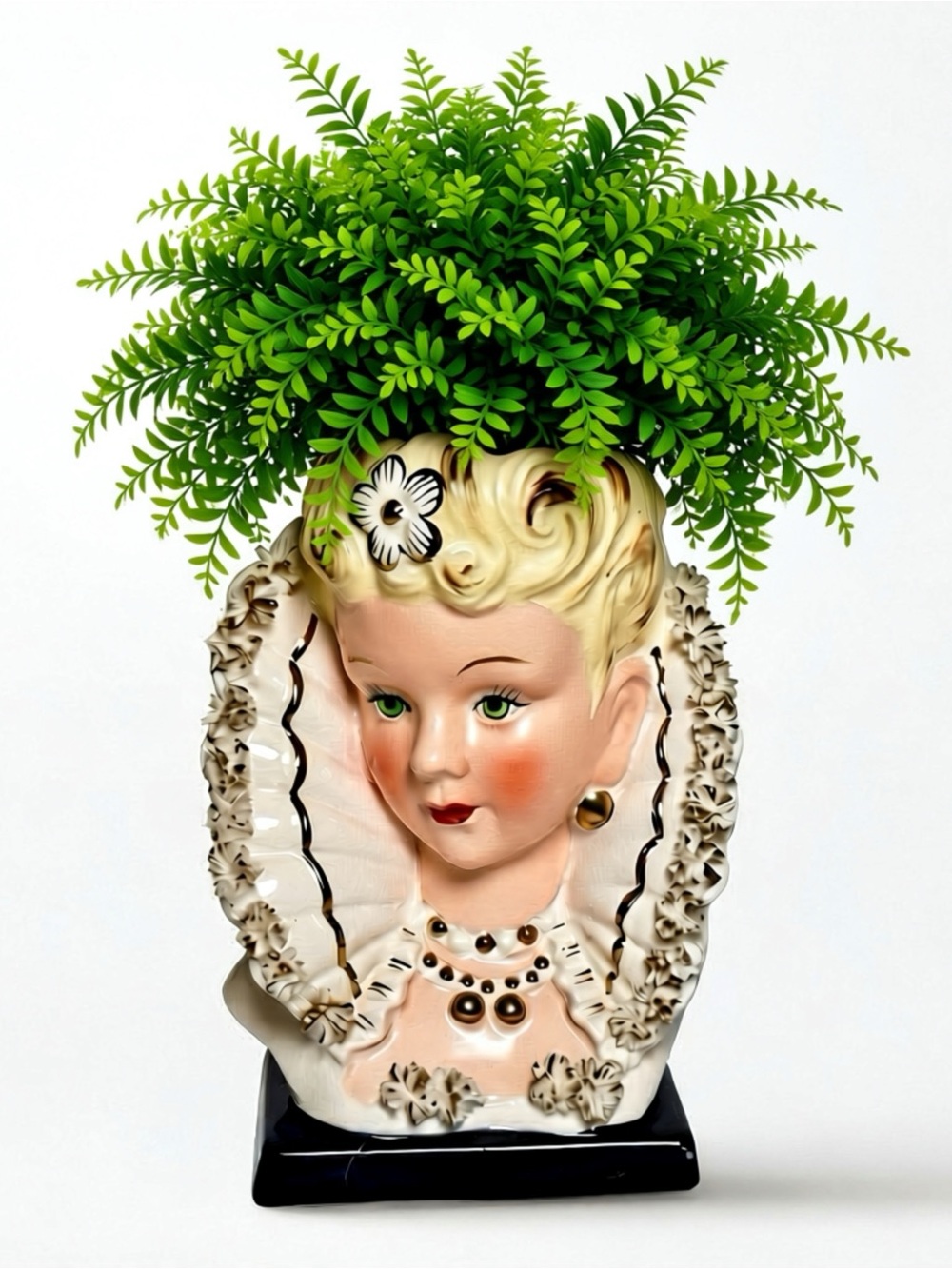 Vintage Ceramic Lady Head Vase with Gold Accents